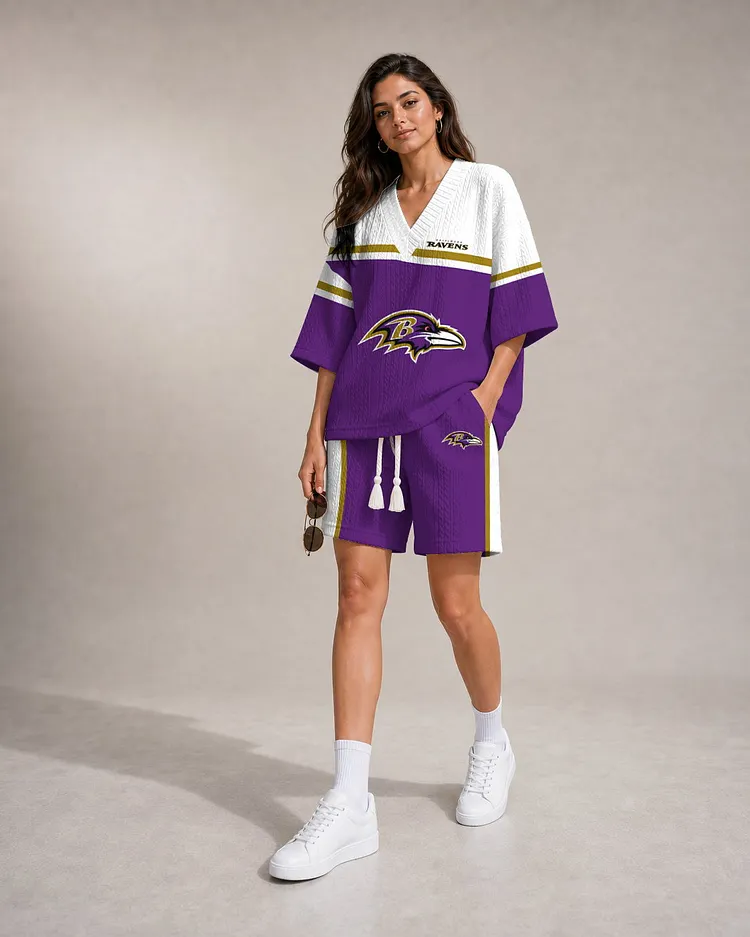 Baltimore Ravens Women&rsquo;s V-neck Jacquard Cable-Knit Tee & Shorts Set
