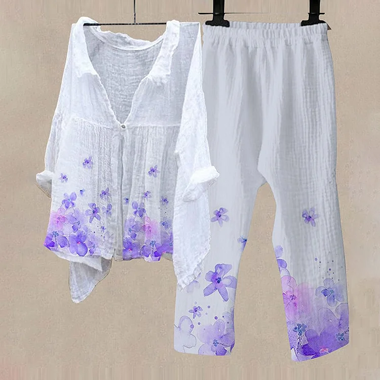 VChics Retro Flower Butterfly Pattern Cotton Linen Casual V-Neck Shirts And Trousers Set