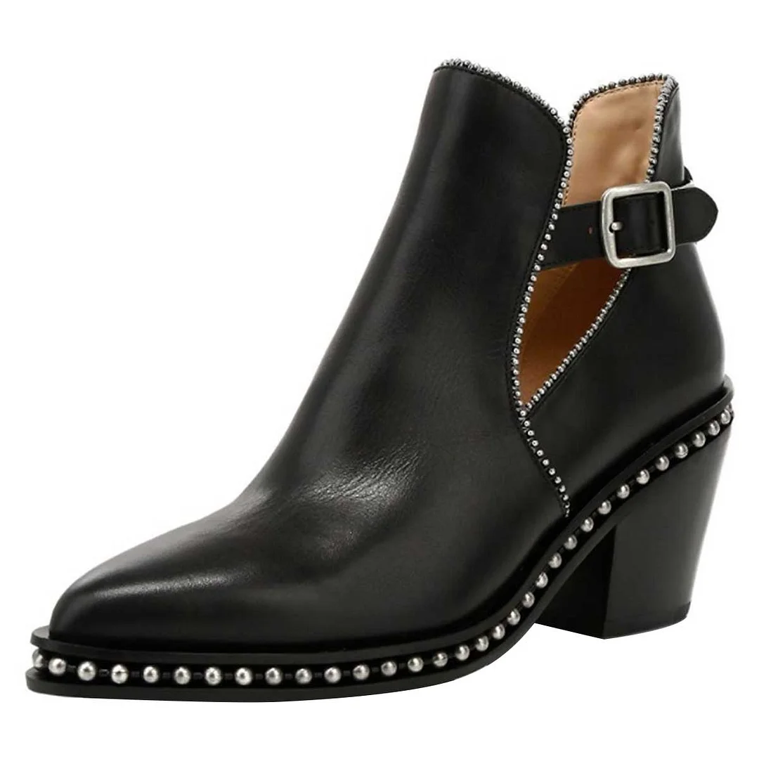 YDN Black Studded Chunky Heel Buckle Strap Pointed Toe Ankle Boots
