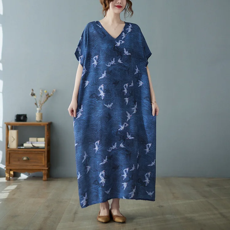 Vintage Print V-neck Short Sleeve Maxi Dress