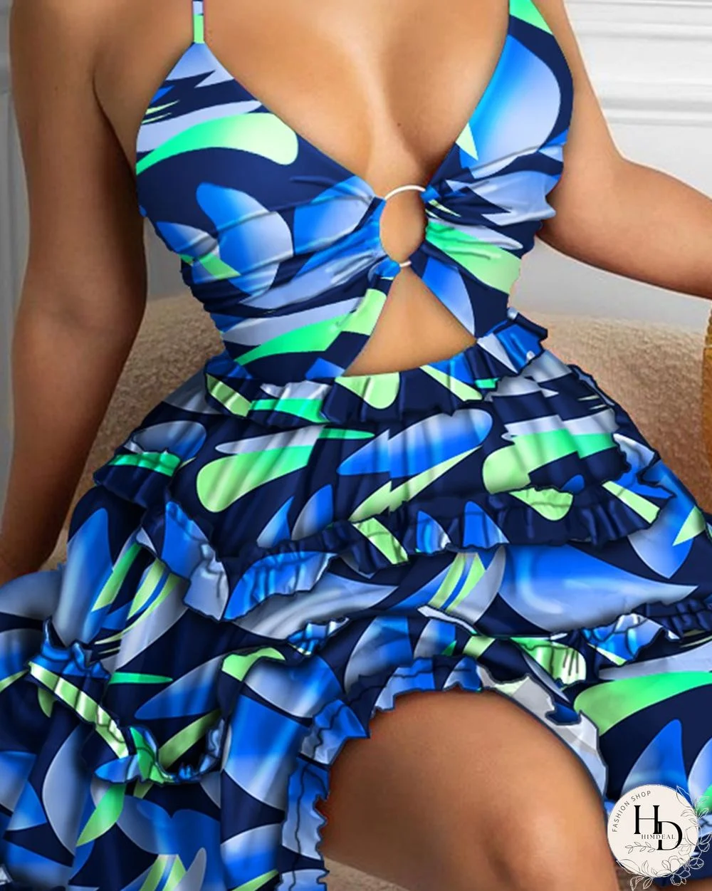 Cami Open Front Frill Hem Floral Print Dress