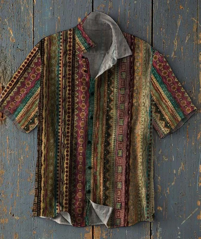 Men's multicolor vintage pattern cotton linen shirt