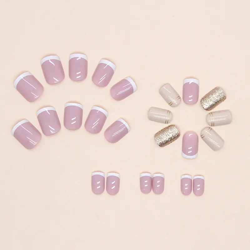 Churchf Churchf Simple French Nail Champagne Flash Pink Gold Foil Pearl Fake Nails Ins Wind Wear Armor