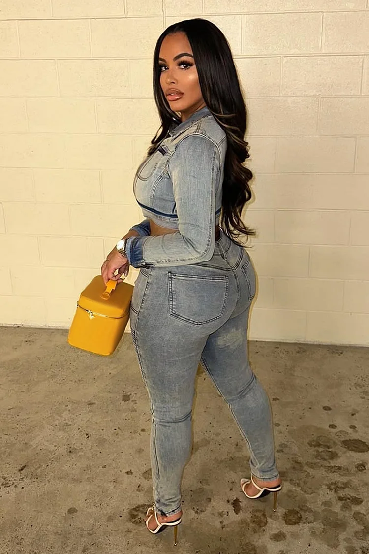 Denim Long Sleeve Zipper Crop Jacket Striped Skinny Jeans 2pcs Set-Blue