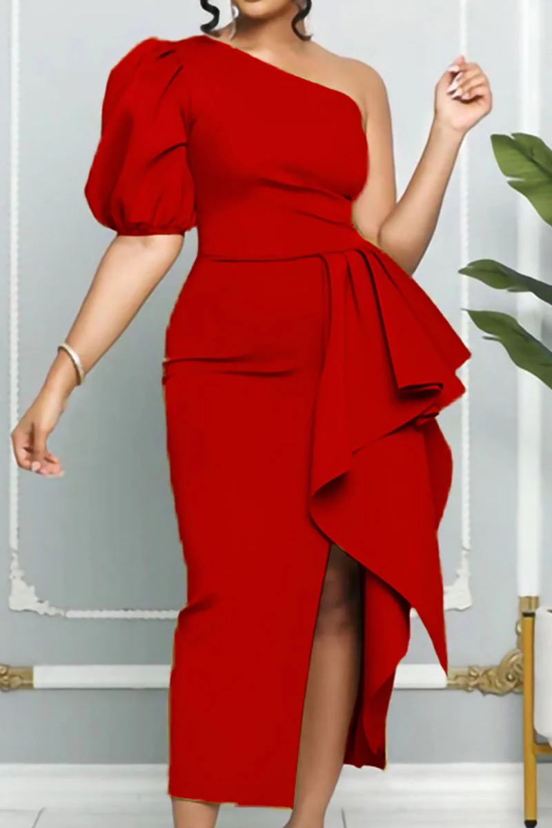 Red Celebrities Elegant Solid Patchwork Flounce Asymmetrical Oblique Collar Evening Dress Dresses | EGEMISS