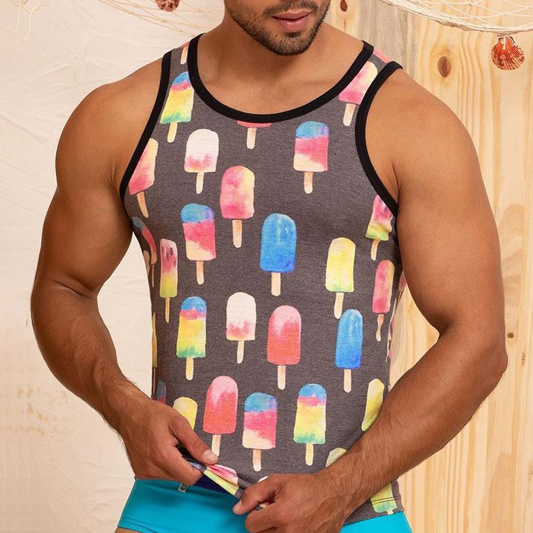Summer Men's Ice Cream Print Tank Top Casual Breathable Sleeveless Vest T-Shirt、、URBENIE