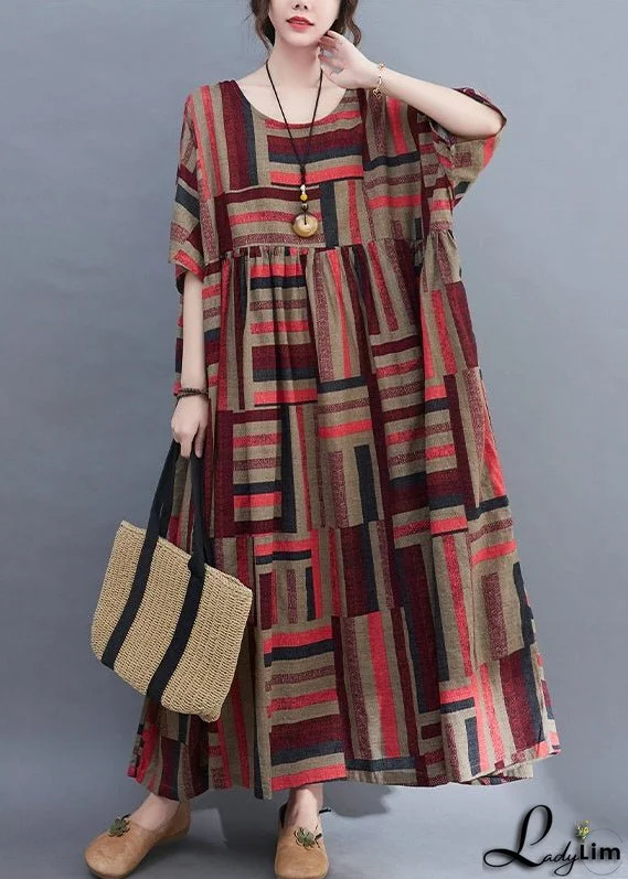 Fashion Red O-Neck wrinkled Loose Holiday Dress Short Sleeve