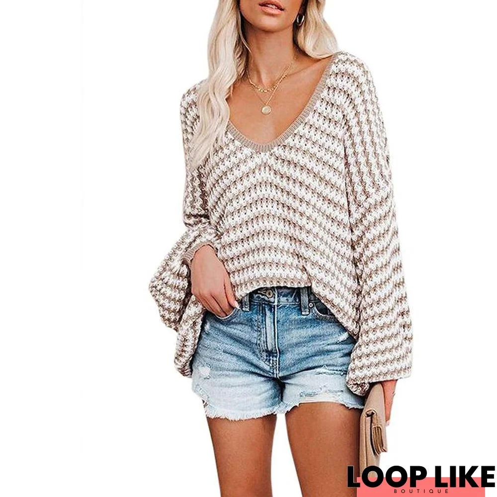 Pullover Striped Sweater V-Neck Long Sleeve Sweater