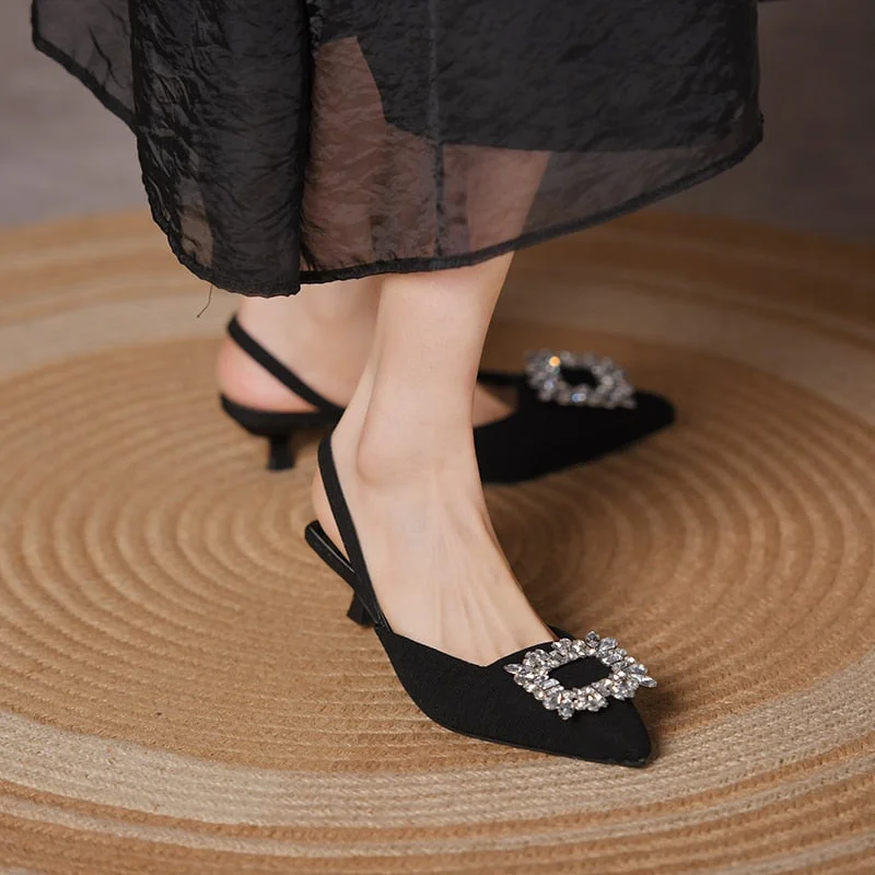 Summer New Style Fashion Women's Shoes Black Satin Crystal Strass Pointy Toe Stiletto Stripper Slingback High Heels Sandals