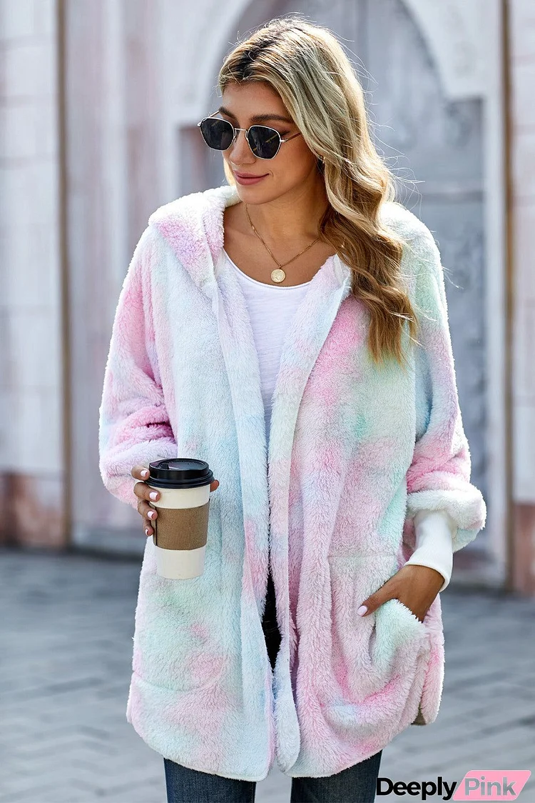 Women's Winter Multicolor Tie Dye Soft Fleece Hooded Open Front Coat