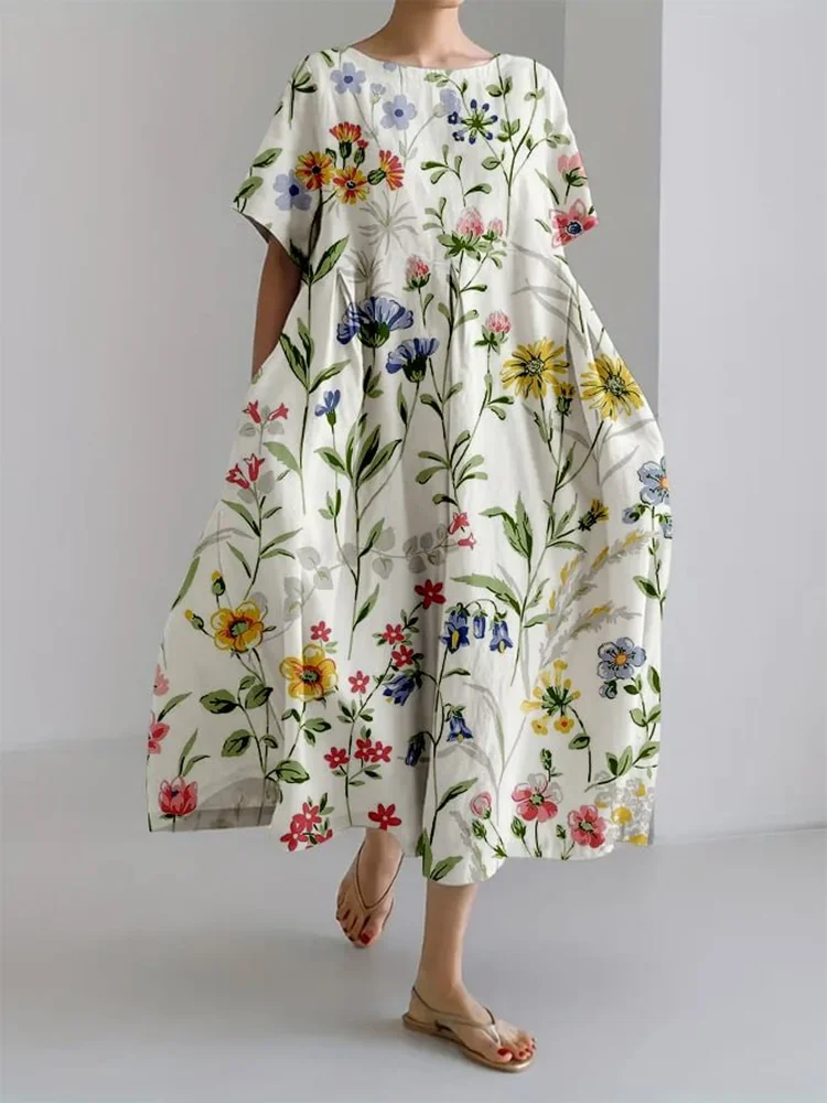 Floral Print Round Neck Short Sleeve Midi Dress