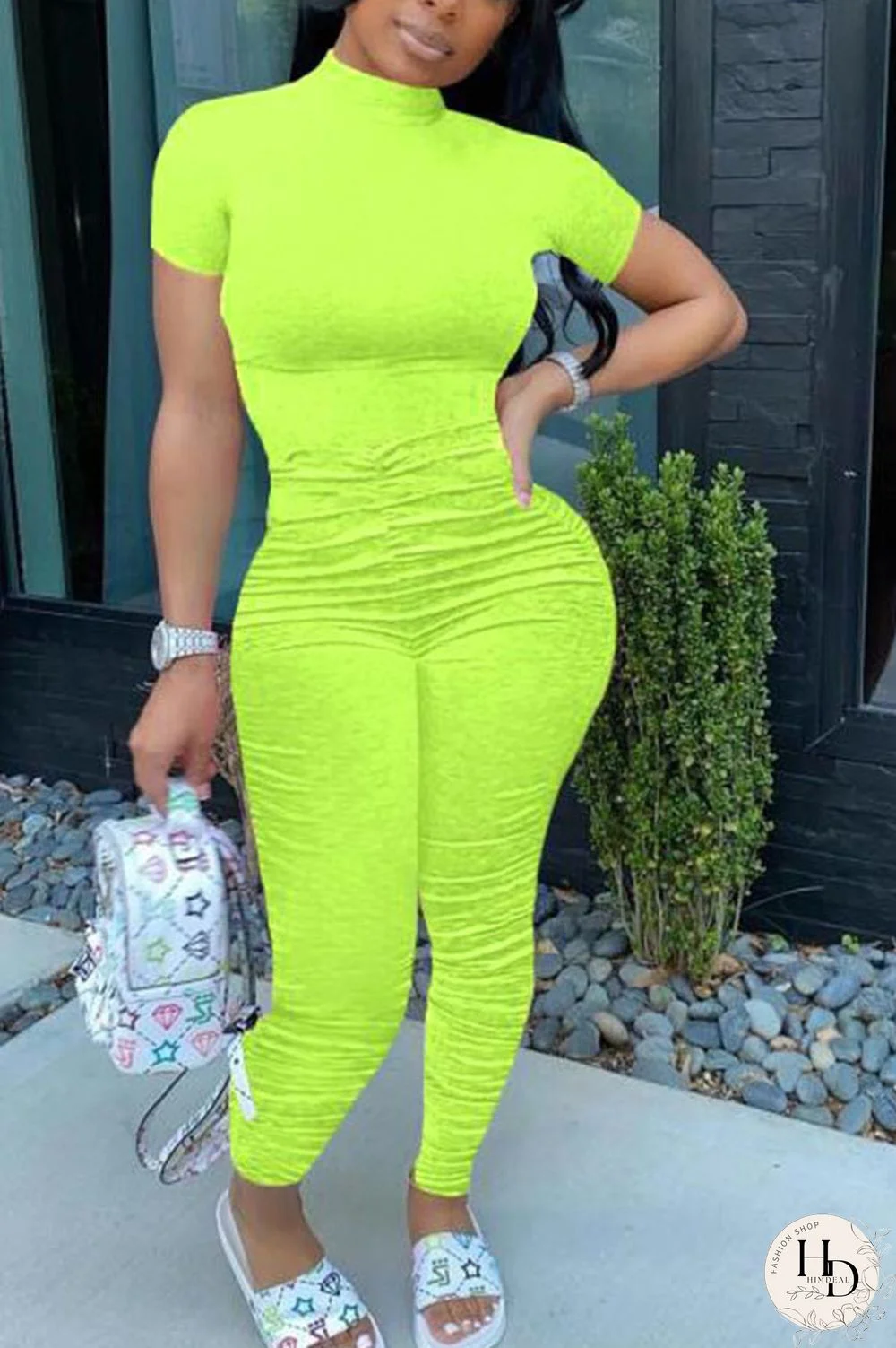 Fluorescent Yellow Fashion Casual Solid Draped Polyester Short Sleeve O Neck Jumpsuits
