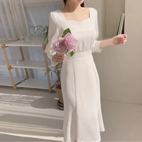Woherb Elegant Office Lady Work Dresses Korean Fashion Clothing Bow Tie Lace-Up White Temperament Retro Vintage Dress Chic Flhjlwoc