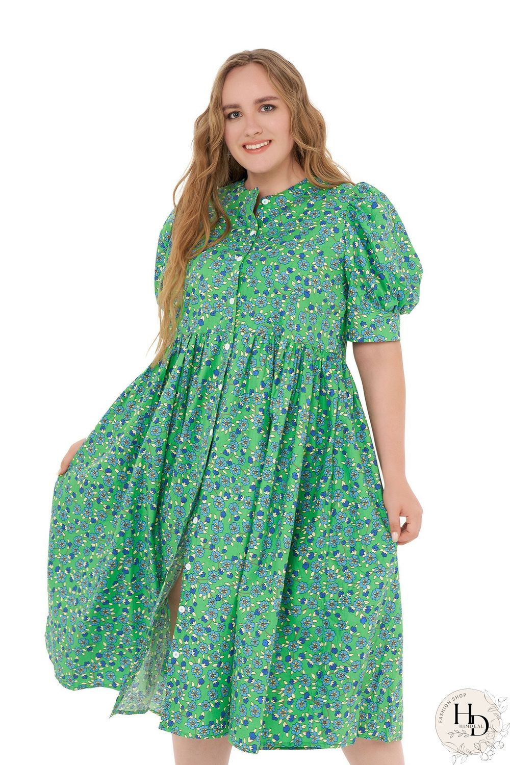 Floral Print Puff-sleeved Button Front Midi Dress P11899
