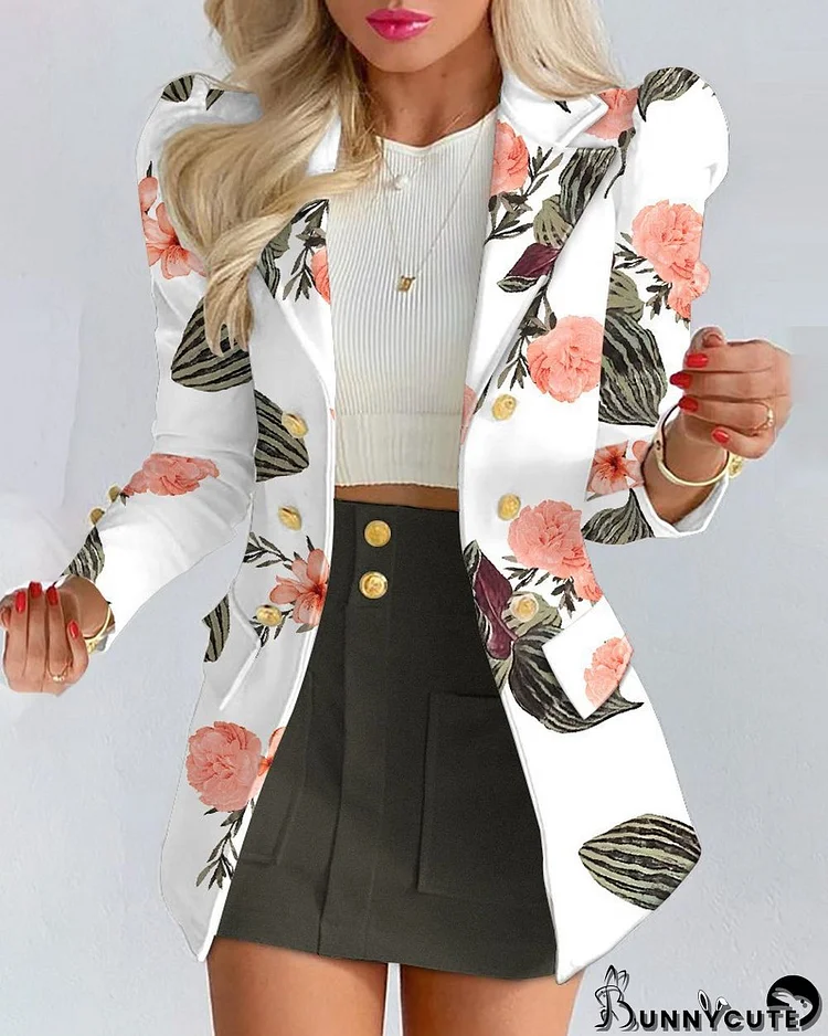 Women Spring White Formal Turn-down Collar Full Sleeves Floral Print Button Two Piece  Blazer and Green SHorts Suits