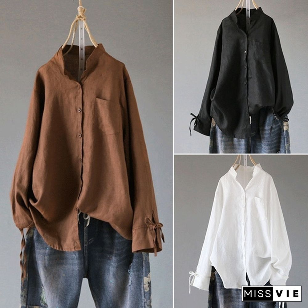Women Stand Collar Long Sleeve Loose Casual Tops Shirt Blouse