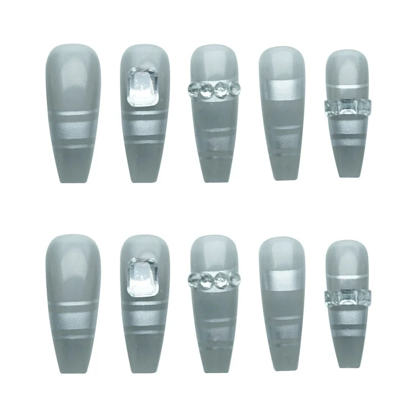 24Pcs Detachable Long Coffin False Nails With diamond silver fake nails with designs Press On Nails French Ballerina Nails-Nail Inspo