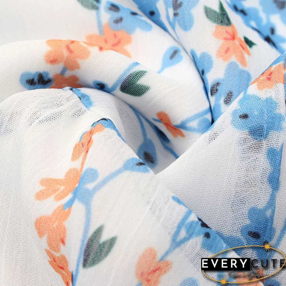 Light Blue Floral Print A-Line Chiffon Dress