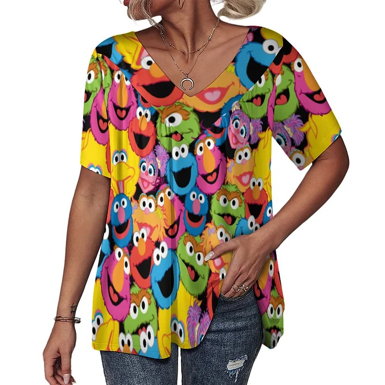 Funny Sesame Print Character Eyes Faces Pleated Front Shirt Blouse Women Dressy Casual V Neck Tunic Top - Heather Prints Shirts