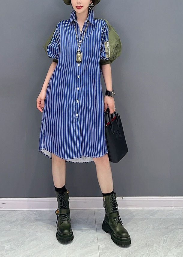 VCSHOES Blue Striped Peter Pan Collar Patchwork Cotton Shirt Dresses Puff Sleeve