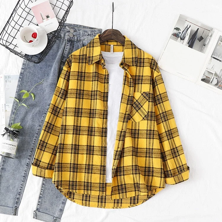 2021 New Loose Design Cotton Plaid Shirt Women Young Style Long Sleeve Blouses Casual Shirts Lady Tops Clothes Blusas