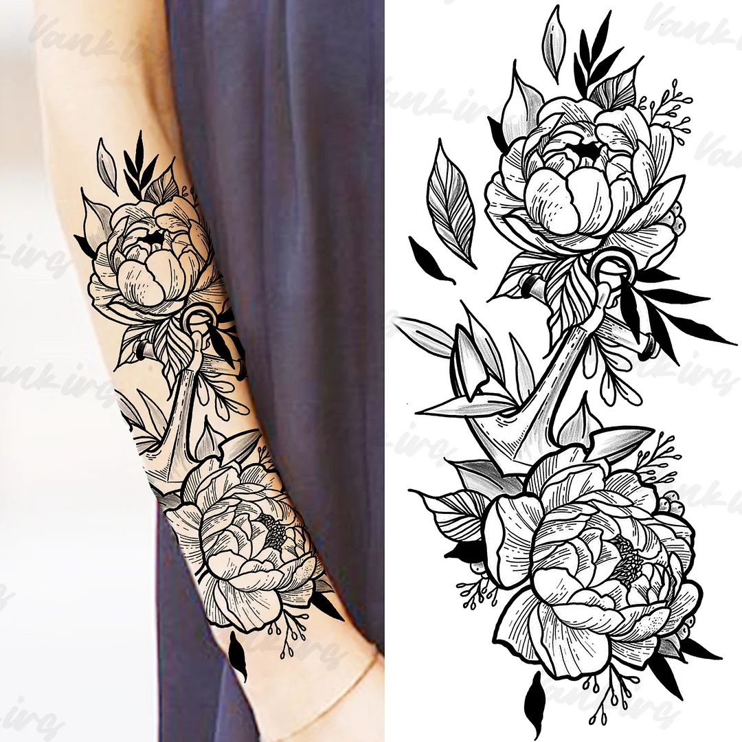 Sdrawing Peony Temporary Tattoos For Women Girls Realistic Anchor Butterfly Flower Fake Tattoo Sticker Sexy Body Arm Tatoos DIY