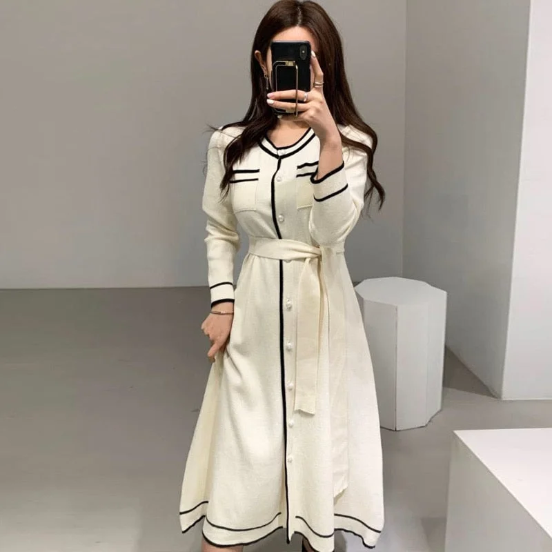 Suofun O-Neck Casual Belt Slim Long Sleeve Korean Style 2021 Fashion Women A-Line White Autumn Midi Spring Knitted Dress