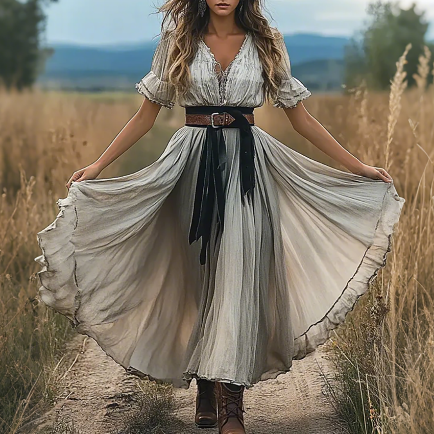 Women's Retro Summer Western Style Waist Contrast Color Maxi Dress