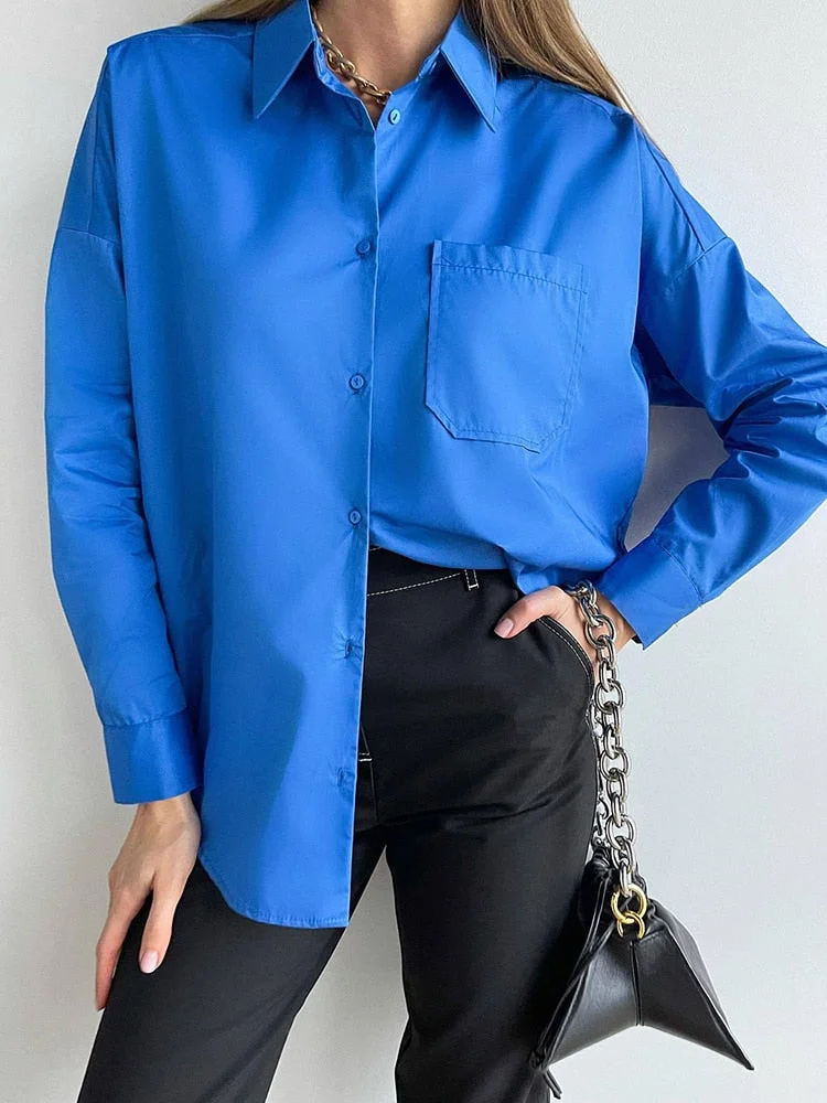 Back to school  Casual Klein Blue Shirt Spring Summer Long Sleeve Cotton Blouse Office Lady Elegant Solid Loose Tops Oversize Green Blusa Tunic