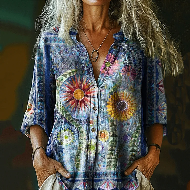 Women's Vintage Bohemian Floral Print Casual Cotton And Linen Shirt