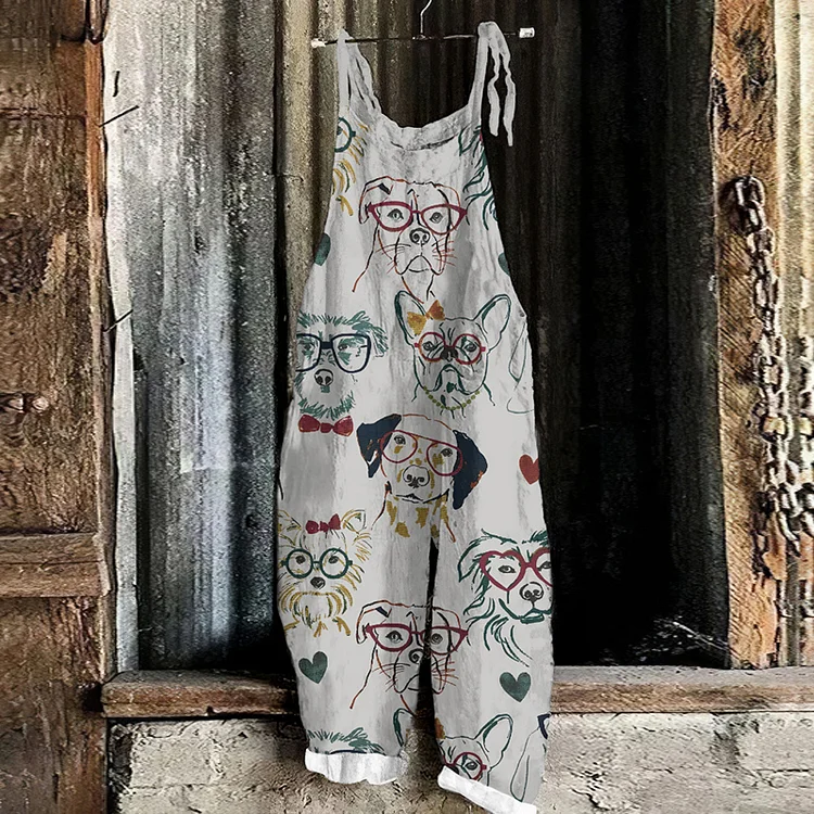 Cute Face Dogs Art Print Casual Jumpsuit