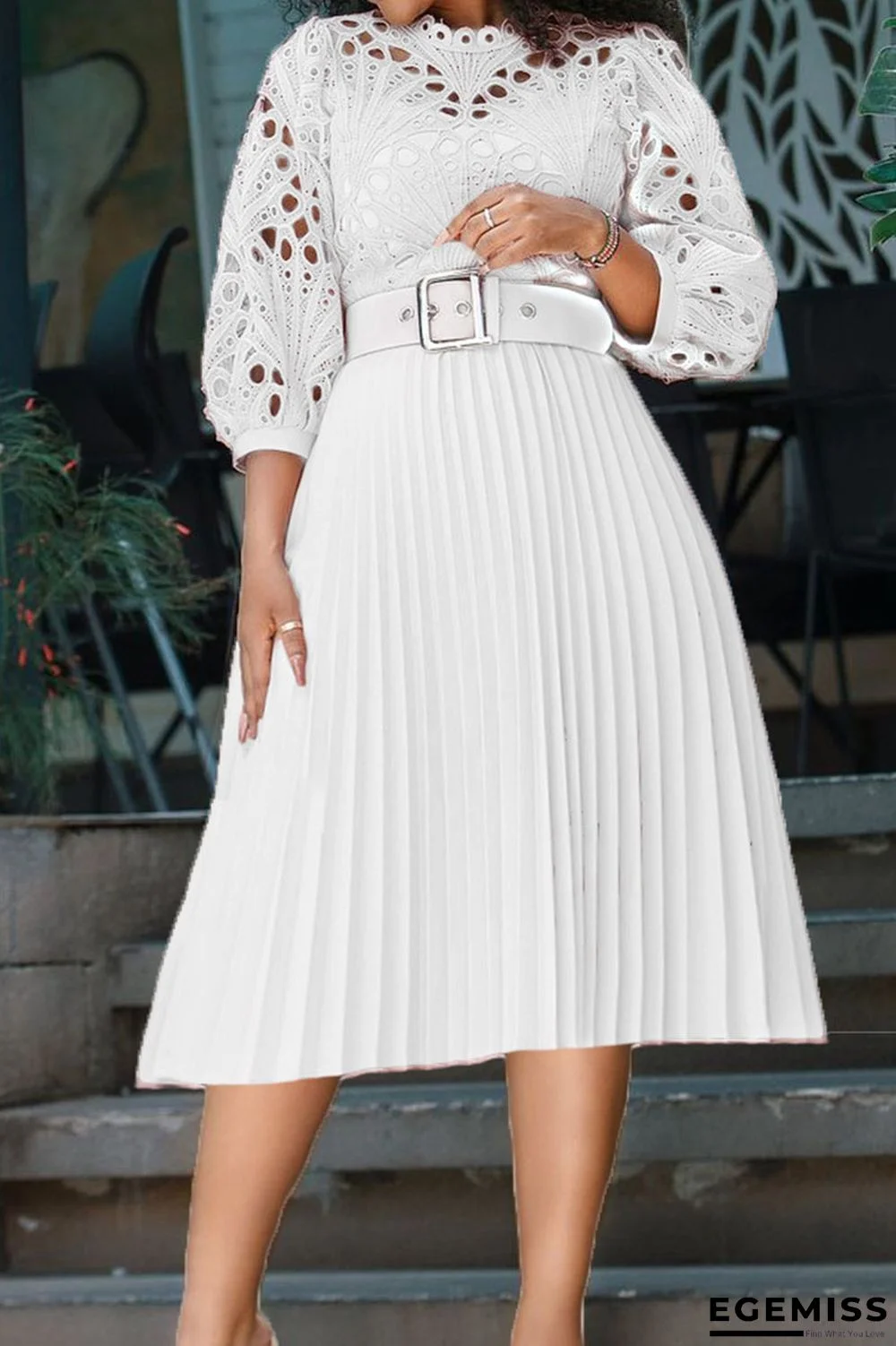 White Elegant Solid Hollowed Out Patchwork Fold O Neck Dresses(Without Belt) | EGEMISS