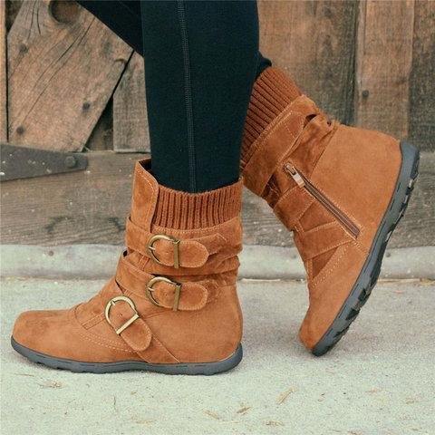 Cushioned Low-Calf Buckled Boots Low Heel Knitted Fabric Zipper Slip On Boots -boots