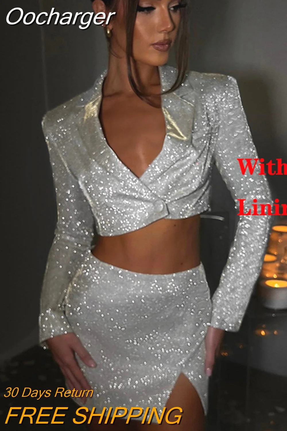 Oocharger Autumn Sparkle Two Piece Set Women Stand Collar Long Sleeve With Lining Blazer And Mini Skirt Sexy Glitter Dress Set