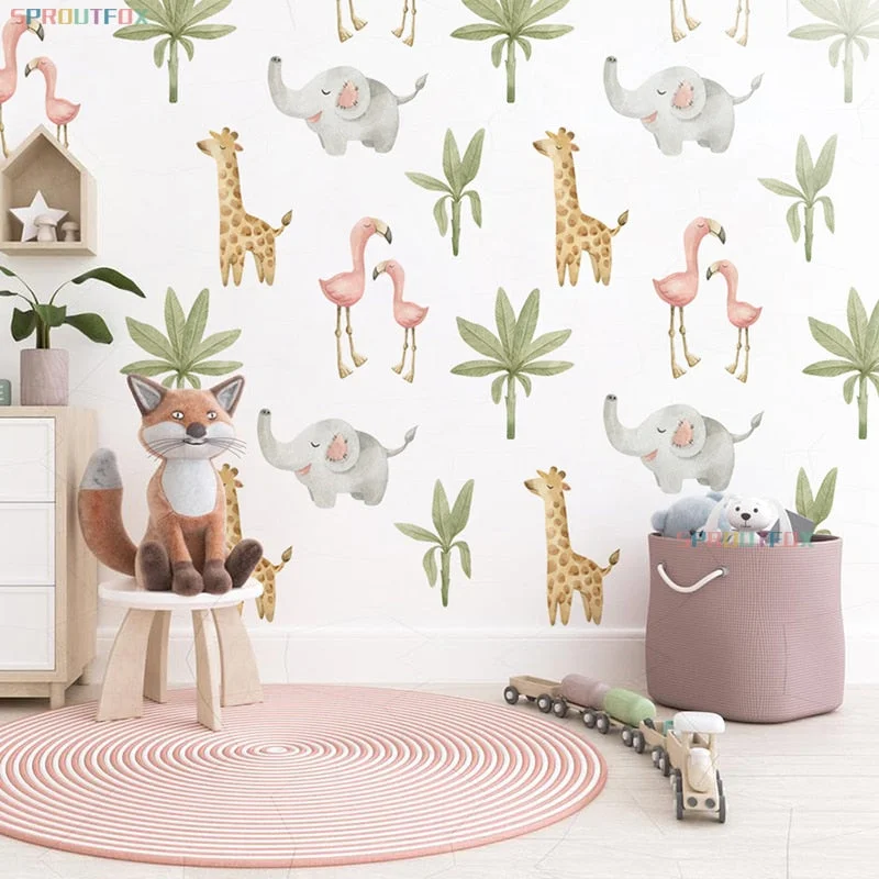 Cartoon Animal Baby Flamingo Elephant Giraffe Green Leaf Wall Stickers for Kids Room Living Room Baby Nursey Home Decoartion
