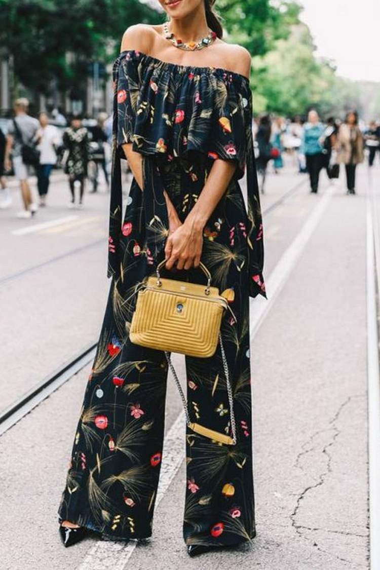 Fashion Print Patchwork Off The Shoulder Straight Jumpsuits - Life is Beautiful for You - SheChoic