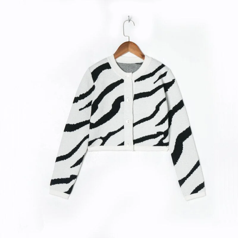 Spring and Autumn Women's Casual Striped Round Neck Long Sleeve Short Cardigan Sweater