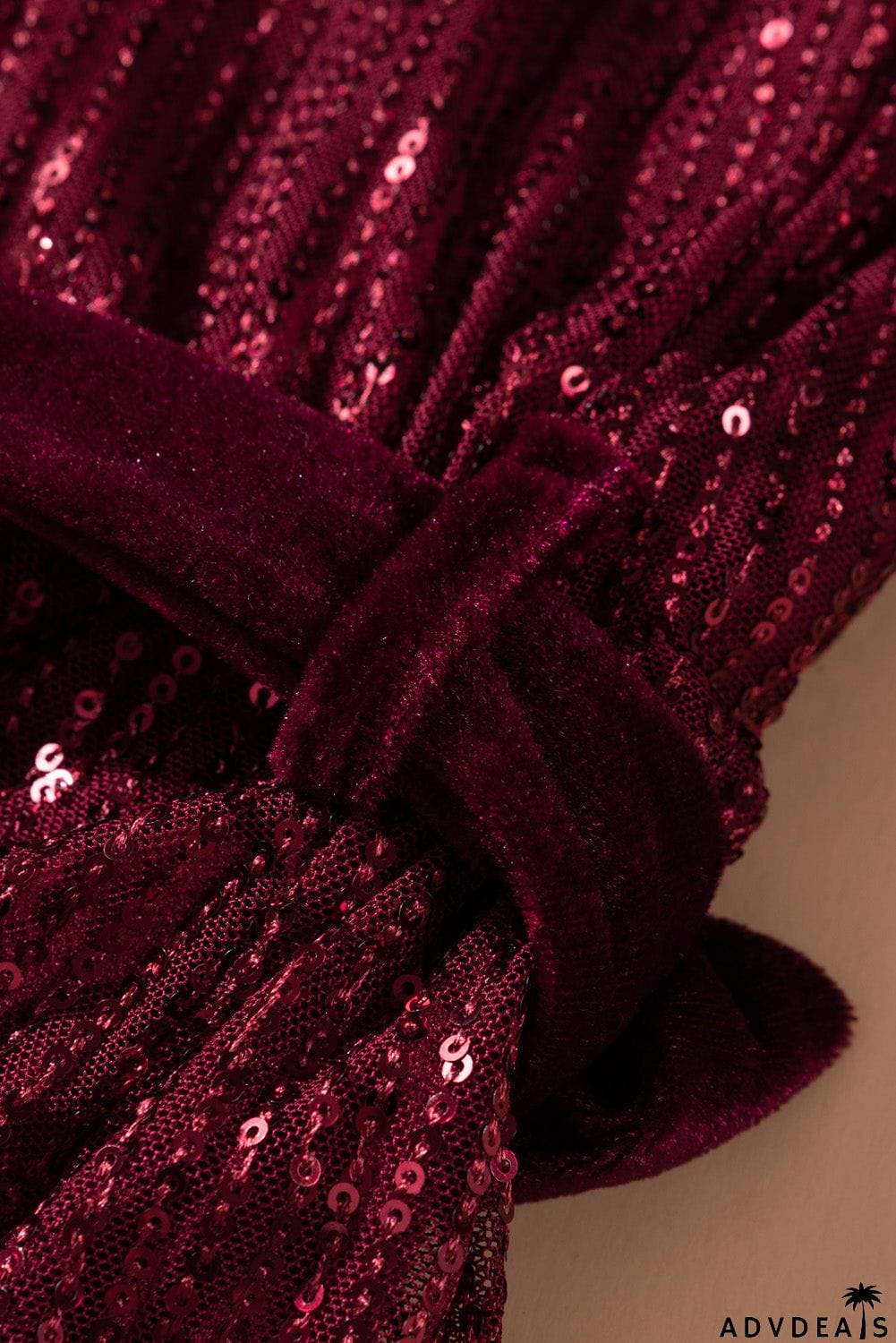 Wine Red Loose Long Sleeve Sequin Dress with Sash