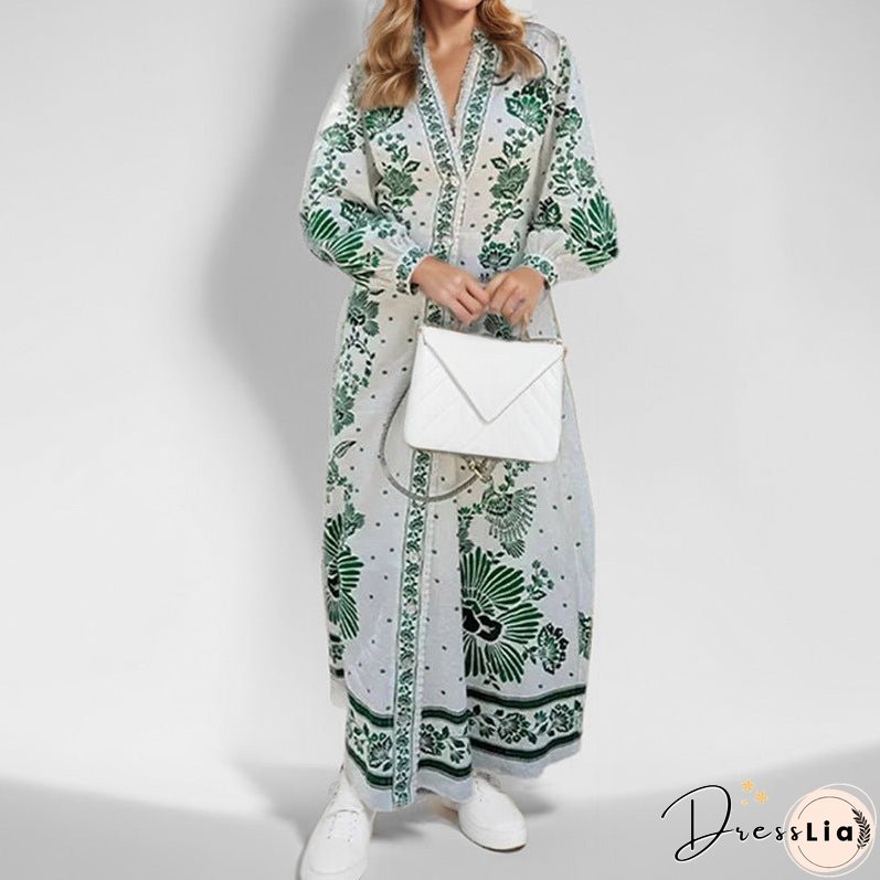 Women's Sleeve Printing Lapel Long Sleeves Large Dresses