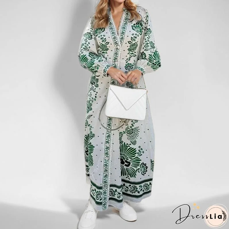 Women's Sleeve Printing Lapel Long Sleeves Large Dresses