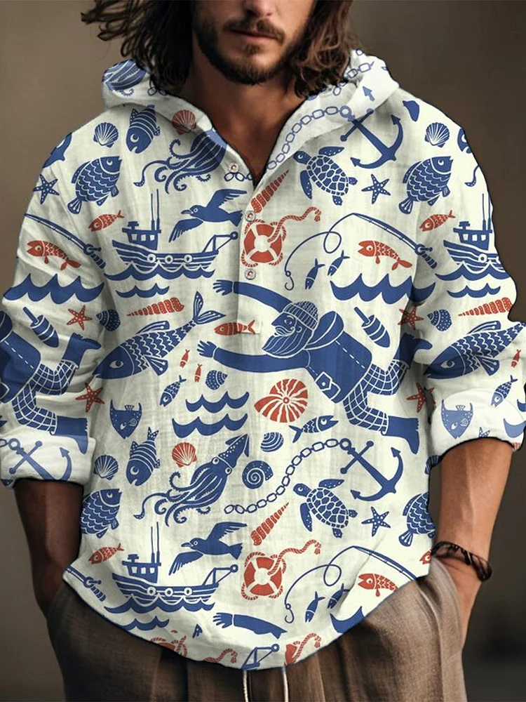 Fisherman & Marine Life Art Linen Hooded Long Sleeve Shirt