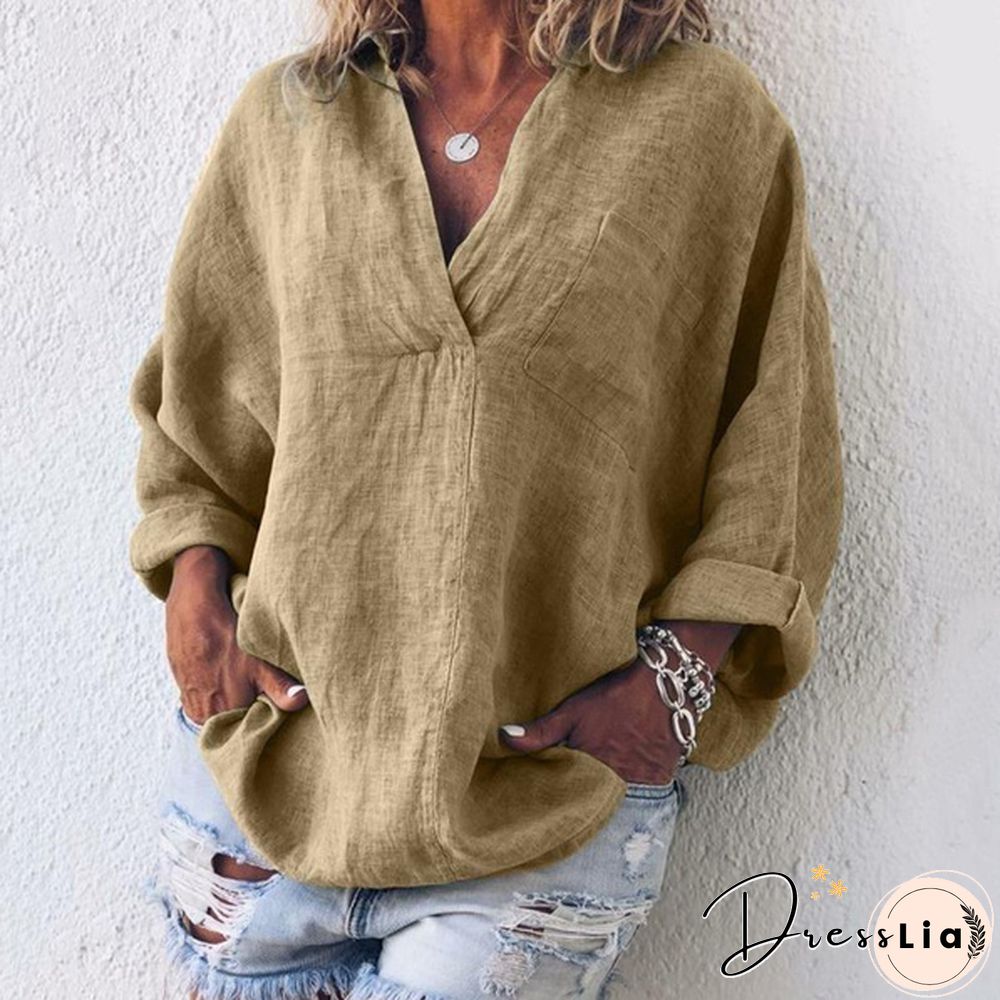 XS-8XL Autumn Tops Plus Size Fashion Clothes Women's Casual Long Sleeve Tee Shirts Deep V-neck Tunic Tops Ladies Blouses Pullover Loose T-shirts Solid Color Linen Blouses