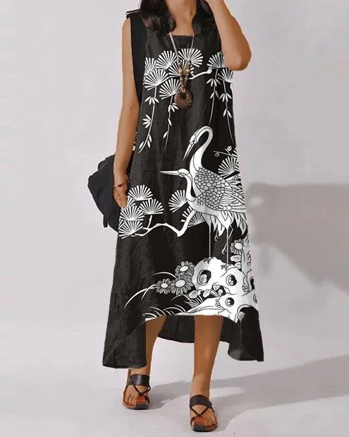 Round Neck Japanese Pine Tree Flying Crane Casual Sleeveless Midi Dress
