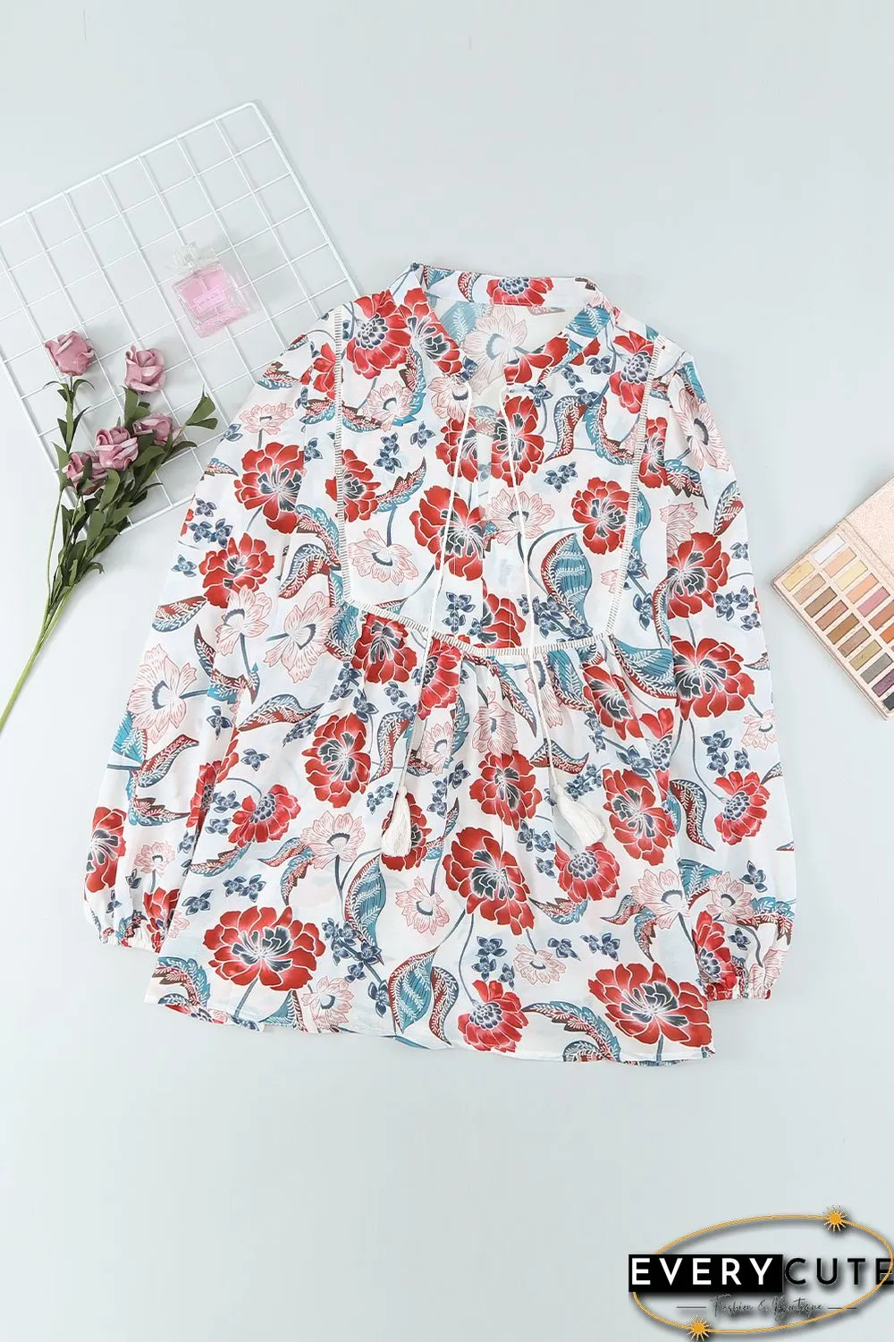 Red Split Neck Bubble Sleeve Floral Patchwork Blouse