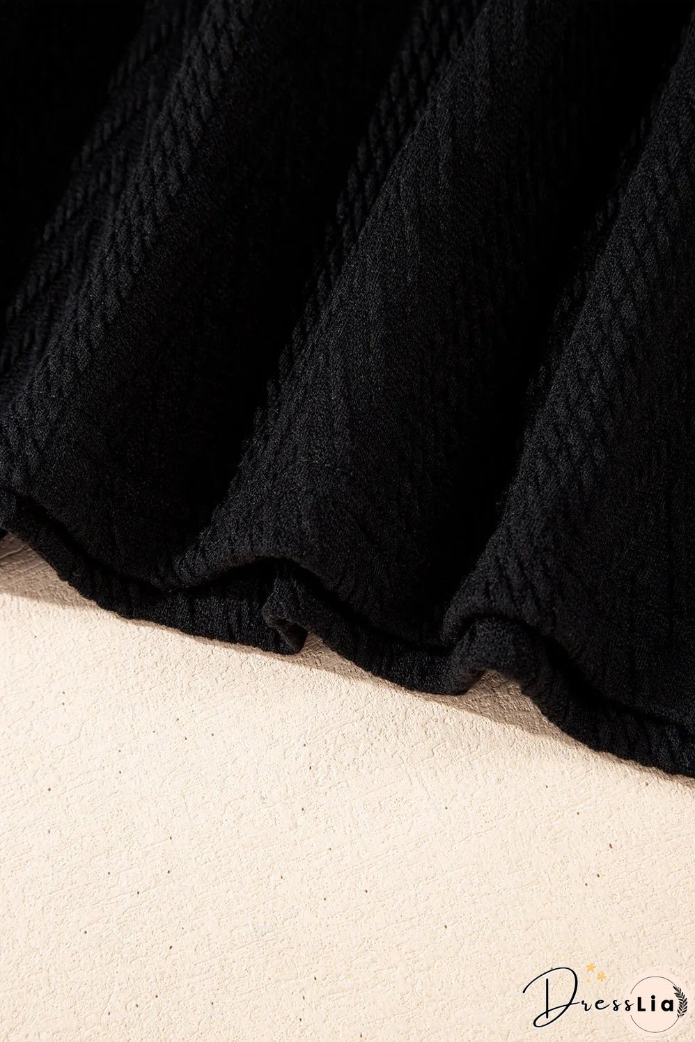 Black Floral Patchwork Textured Knit Drawstring V Neck Blouse