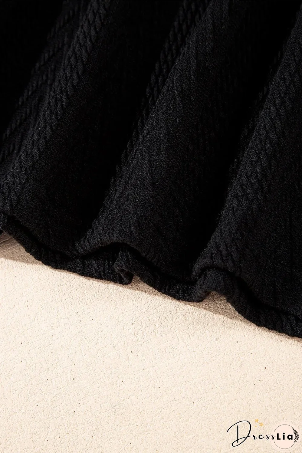 Black Floral Patchwork Textured Knit Drawstring V Neck Blouse