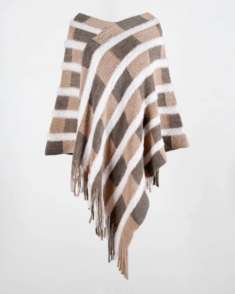 Fitshinling Fringe Bohemian Poncho Femme Winter Knitted Clothing Plaid Irregular Oversied Cape Loose Vintage Sweater Jumper 2021