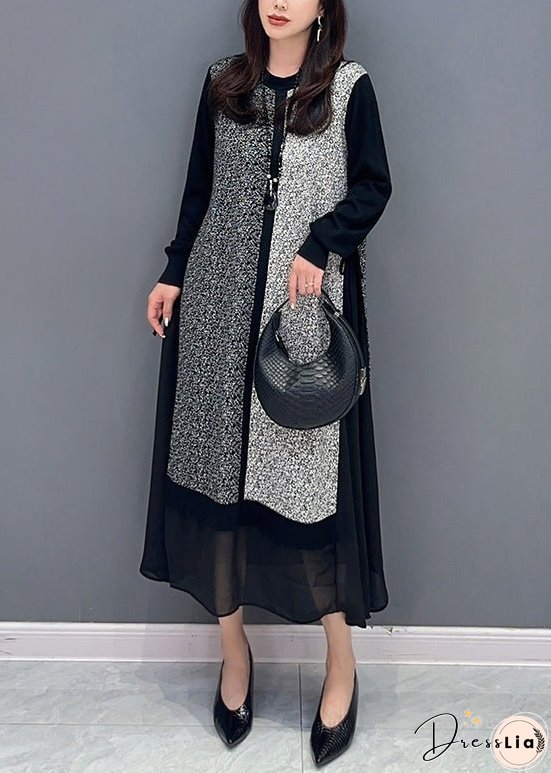 Loose Black O Neck Lace Up Chiffon Patchwork Dress Long Sleeve