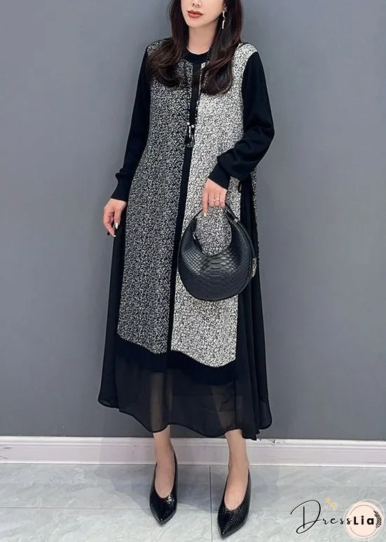 Loose Black O Neck Lace Up Chiffon Patchwork Dress Long Sleeve