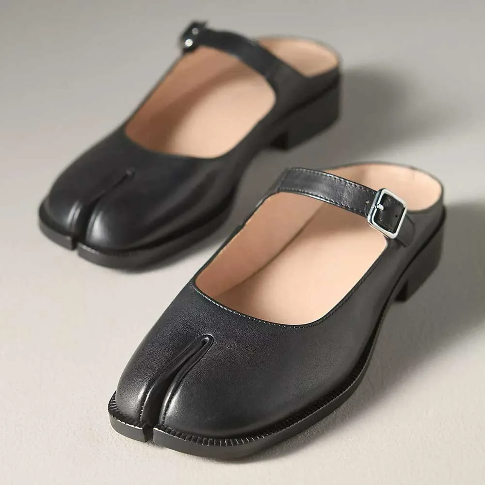 Women's Black Closed Split Toe Buckle Strap Slip On Flat Mules
